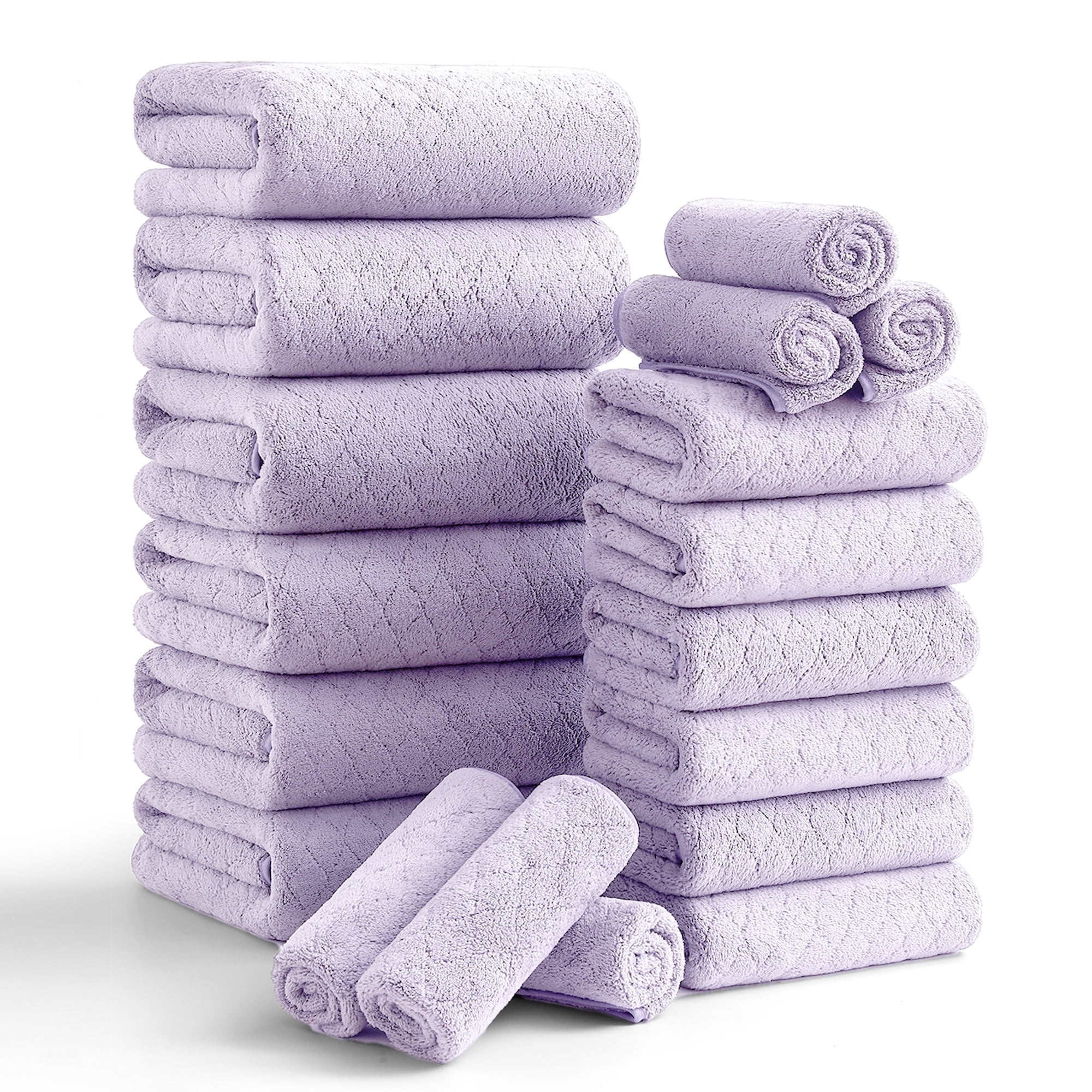 Smuge 18 pcs Bath Towel Sets, Include 6 Bath Sheet Towels, 6 Hand Towels, 6 Washcloths, Soft Microfiber Highly Absorbent Shower Towel for Bathroom Gym Spa(Light Purple)