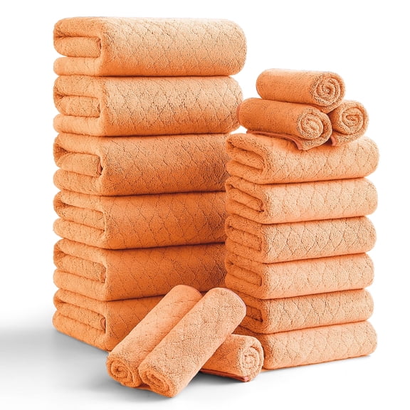 Smuge 18 pcs Bath Towel Sets, Include 6 Bath Sheet Towels, 6 Hand Towels, 6 Washcloths, Soft Microfiber Highly Absorbent Shower Towel for Bathroom Gym Spa(Orange Red)
