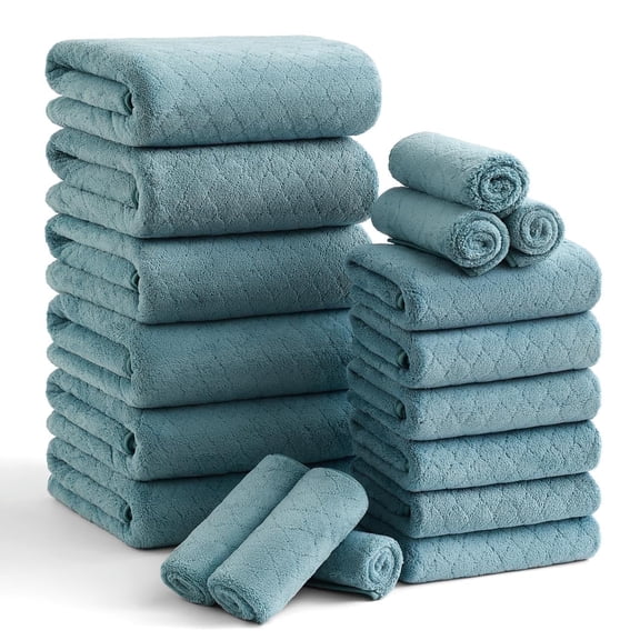 Smuge 18 pcs Bath Towel Sets, Include 6 Bath Sheet Towels, 6 Hand Towels, 6 Washcloths, Soft Microfiber Highly Absorbent Shower Towel for Bathroom Gym Spa(Turquoise)
