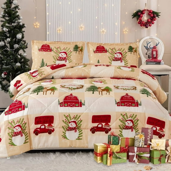 Smuge 3 Pcs Christmas Comforter Set, Bed in a Bag Snowflake Snowman King Size Xmas Bedding Set Fitted Pillowcases for Adult