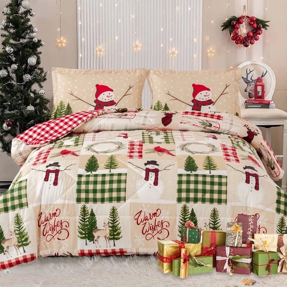 Smuge 3 Pcs Christmas Comforter Set, Bed in a Bag Wreath Snowman Queen/Full Size Xmas Bedding Set Fitted Pillowcases for Adult