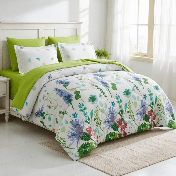 Smuge 3-Piece King Size Down Alternative Floral Comforter Set, Box Stitched, 1 Comforter & 2 Pillow Shams, Green Purple Botanical Floral