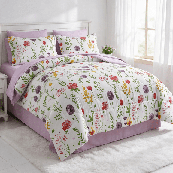 Smuge 3-Piece Full/Queen Down Alternative Floral Comforter Set, Box Stitched, 1 Comforter & 2 Pillow Shams, Purple Red Flower