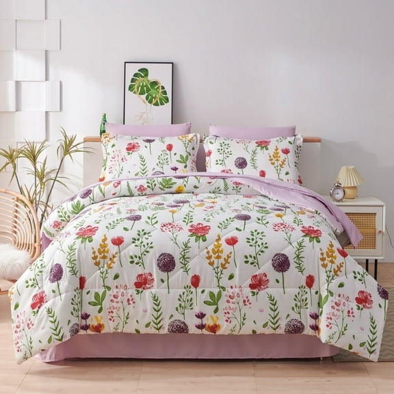 Smuge 3 Pcs Floral Bedding Comforter Set Purple Red Flower Queen/Full Size Bed in a Bag Fitted Pillowcases for Adult