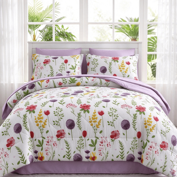 Smuge 3-Piece Full/Queen Down Alternative Floral Comforter Set, Box Stitched, 1 Comforter & 2 Pillow Shams, Purple Red Flower
