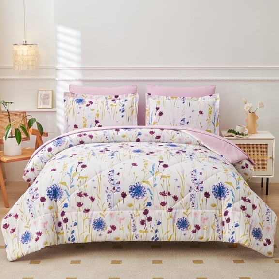 Smuge 3-Piece Full/Queen Size Floral Lavender Comforter Bedding Set, Purple & Yellow Wildflower Printed Soft All Season Comforter with 2 Standard Pillowcases for Adult Bedroom