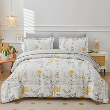 Smuge 3 Pcs Floral Bedding Comforter Set Yellow Flower Queen/Full Size Bed in a Bag Fitted Pillowcases for Adult