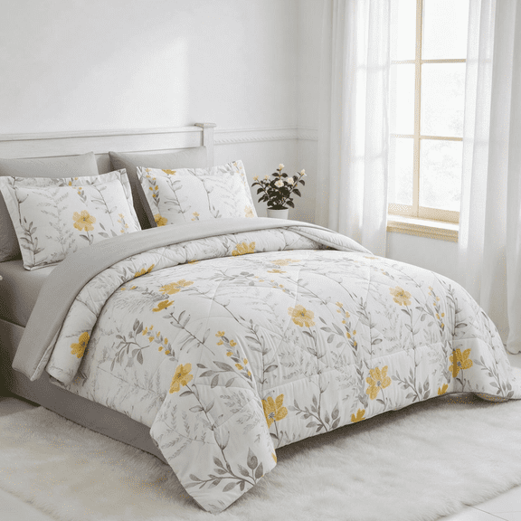 Smuge 3-Piece Full/Queen Down Alternative Floral Comforter Set, Box Stitched, 1 Comforter & 2 Pillow Shams, Yellow Flower