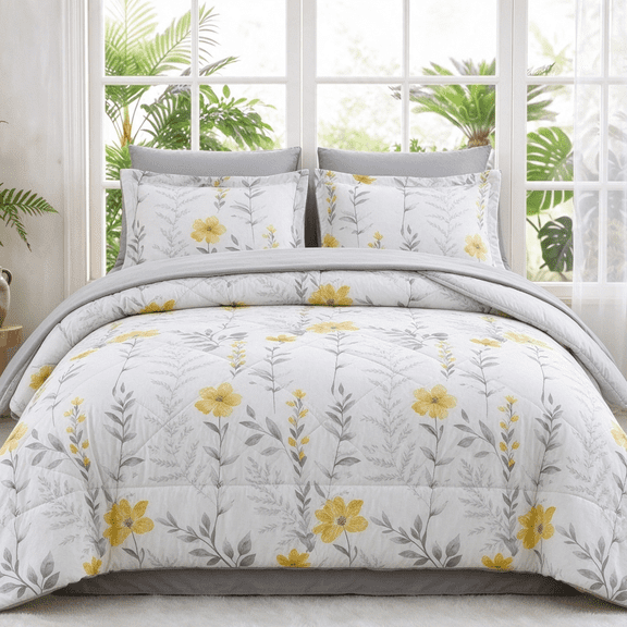 Smuge 3-Piece Full/Queen Down Alternative Floral Comforter Set, Box Stitched, 1 Comforter & 2 Pillow Shams, Yellow Flower