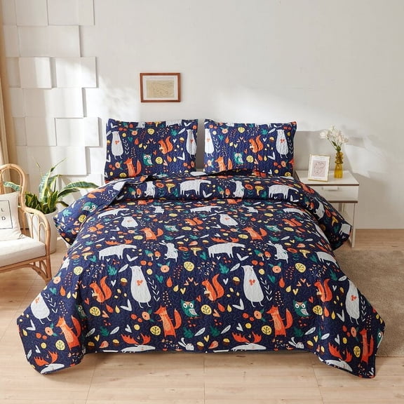 Smuge 3 Pcs Orange Blue Fox Quilt Sets Queen Size Bedding Set Microfiber Bedspread Classic Plaid Coverlet Bed Cover Decor, 1 Quilt & 2 Pillow Shams