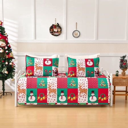 Smuge 3 Piece Christmas Daybed Cover Set, 39"x75" Bell Santa Claus Elk Double Sided Quilting Classic Design, Matching 2 Shams