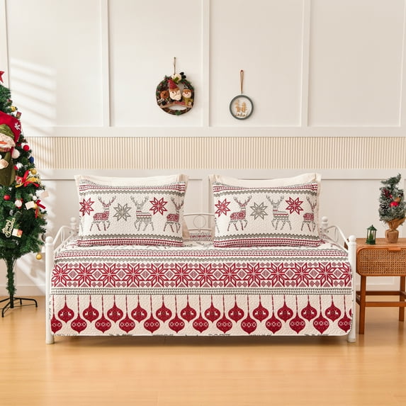 Smuge 3 Piece Christmas Daybed Cover Set, 39"x75" Lantern Elk Double Sided Quilting Classic Design, Matching 2 Shams