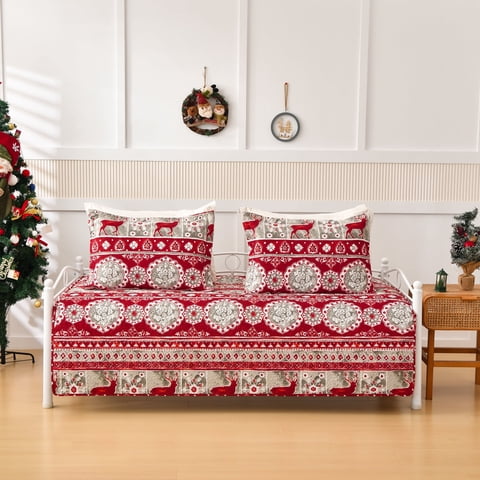 Smuge 3 Piece Christmas Daybed Cover Set, 39"x75" Red Elk Double Sided Quilting Classic Design for All Season, Matching 2 Shams