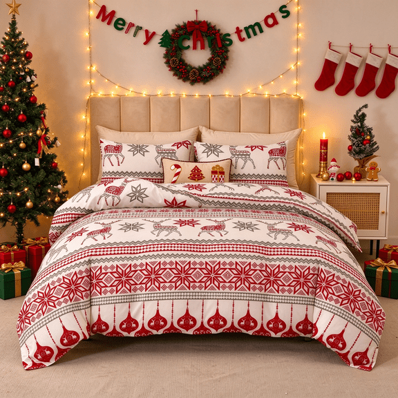 Smuge 3-Piece Christmas Duvet Cover Set King Size, Soft Microfiber Reversible Bedding Set with 2 Pillow Shams, Reindeer Snowflake Red Stripe