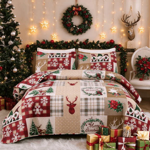 Smuge 3-Piece Christmas Quilt Set, Full/Queen Size Reversible Soft Ultrasonic Quilted Holiday Bedding, Deer, Snowflake & Wreath Print Coverlet with 2 Pillow Shams, Red Beige Green