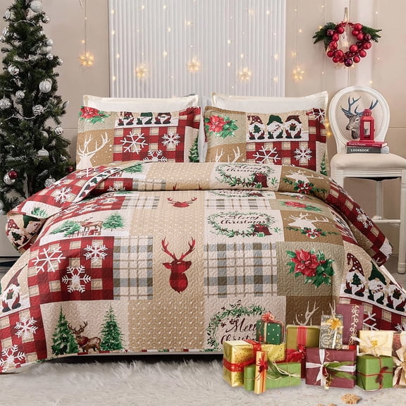 Smuge 3-Piece Christmas Quilt Set, Full/Queen Size Reversible Soft Ultrasonic Quilted Holiday Bedding, Deer, Snowflake & Wreath Print Coverlet with 2 Pillow Shams, Red Beige Green
