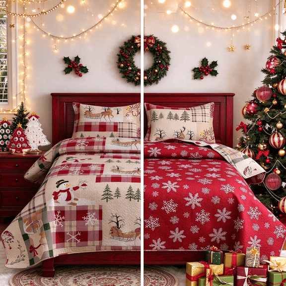 Smuge 3-Piece Christmas Quilt Set, Full/Queen Size Reversible Soft Ultrasonic Quilted Holiday Bedding, Snowman & Snowflake Print Coverlet with 2 Pillow Shams, Beige Green