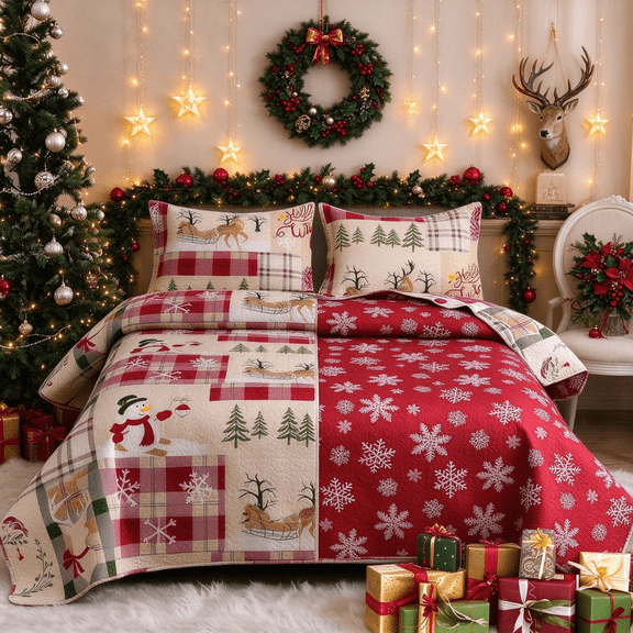 Smuge 3-Piece Christmas Quilt Set, Full/Queen Size Reversible Soft Ultrasonic Quilted Holiday Bedding, Snowman & Snowflake Print Coverlet with 2 Pillow Shams, Beige Green