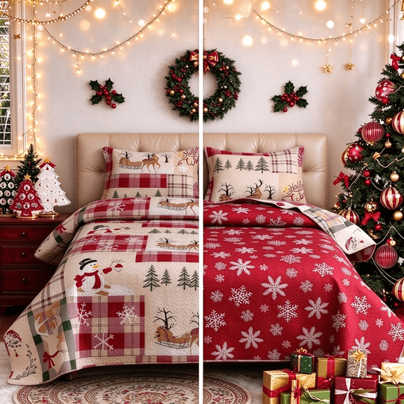 Smuge 3-Piece Christmas Quilt Set, Full/Queen Size Reversible Soft Ultrasonic Quilted Holiday Bedding, Snowman & Snowflake Print Coverlet with 2 Pillow Shams, Beige Green