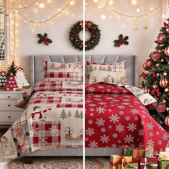Smuge 3-Piece Christmas Quilt Set, Full/Queen Size Reversible Soft Ultrasonic Quilted Holiday Bedding, Snowman & Snowflake Print Coverlet with 2 Pillow Shams, Beige Green