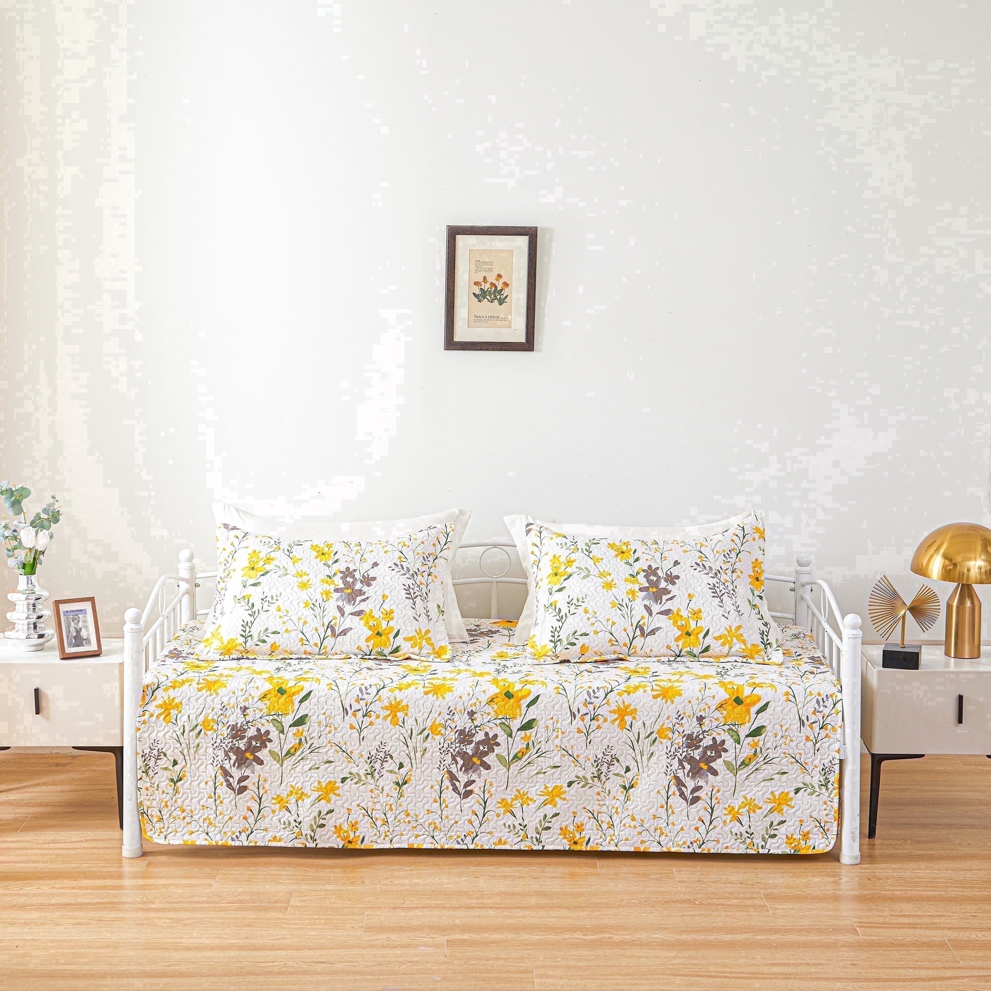 Smuge 3 Piece Daybed Cover Set, Double Sided Quilting Classic Design for All Season, Matching 2 Shams, 39"x75", Yellow Flower