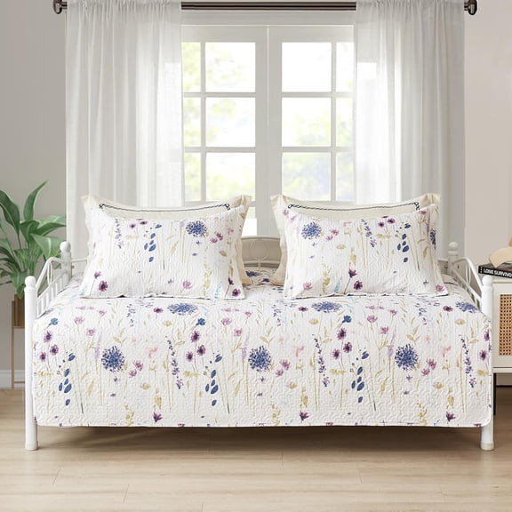 Smuge 3 Piece Daybed Cover Set, Double Sided Quilting Classic Design for All Season, Matching 2 Shams, 39"x75", Purple Yellow Flower