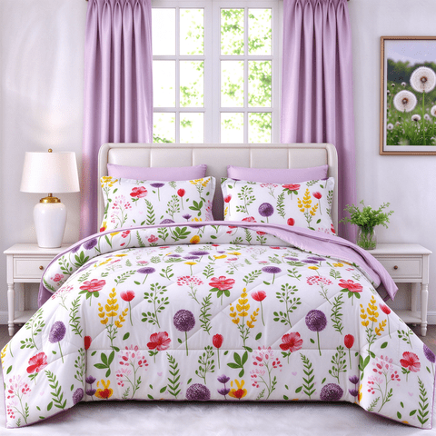 Smuge 3-Piece Full/Queen Floral Comforter Set, Box Stitched All Season Ultra Soft Bedding, Wildflower Botanical Print, Includes 1 Comforter & 2 Pillow Shams, Purple Red Flower