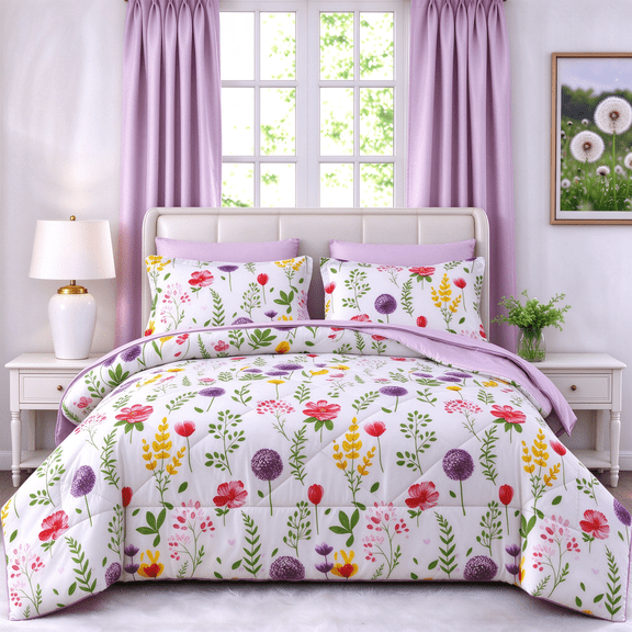 Smuge 3-Piece Full/Queen Floral Comforter Set, Box Stitched All Season Ultra Soft Bedding, Wildflower Botanical Print, Includes 1 Comforter & 2 Pillow Shams, Purple Red Flower