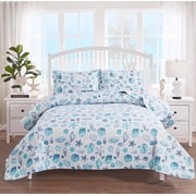Smuge 3-Piece Full/Queen Size Ocean Quilt Set, Reversible Microfiber All Season Bedspread Coverlet with 2 Pillow Shams, Blue Beach Conch Seashell