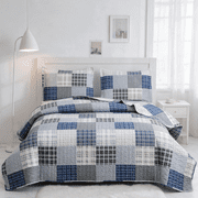 Smuge 3 Piece Full/Queen Size Reversible Check Plaid Patchwork Quilt Set, Lightweight Soft Microfiber Coverlet Bedspread,Navy Blue & Grey Plaid