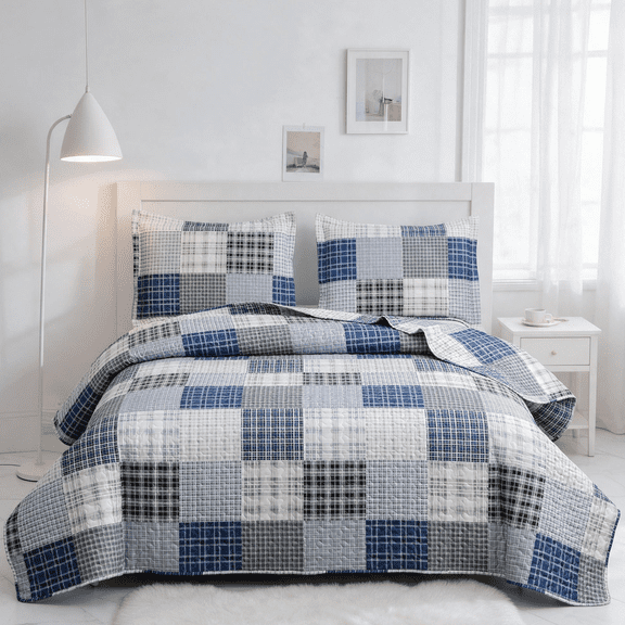 Smuge 3 Piece Full/Queen Size Reversible Check Plaid Patchwork Quilt Set, Lightweight Soft Microfiber Coverlet Bedspread,Navy Blue & Grey Plaid
