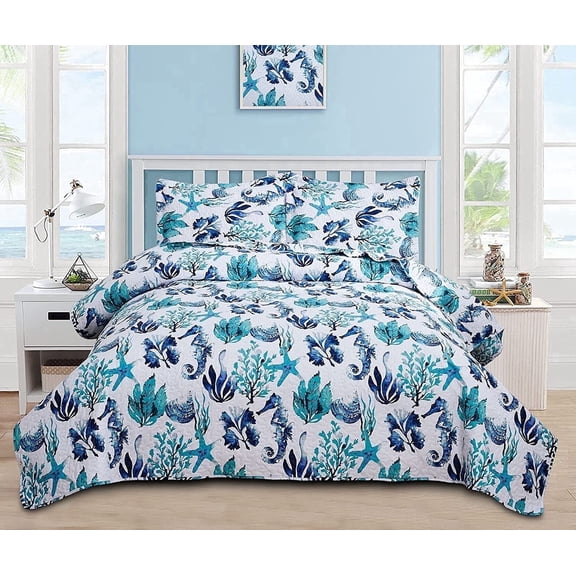 Smuge 3-Piece Twin Size Ocean Quilt Set, Reversible Microfiber All Season Bedspread Coverlet with 2 Pillow Shams, Blue Seashell