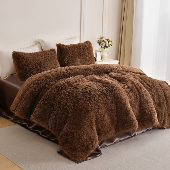 Smuge 3 Pieces Full/Queen Comforter Set, Shaggy Faux Fur & Sherpa Ultra Soft Reversible Bedding Set, Fluffy Dual Texture Warm Bed Set with 2 Pillow Shams, Brown