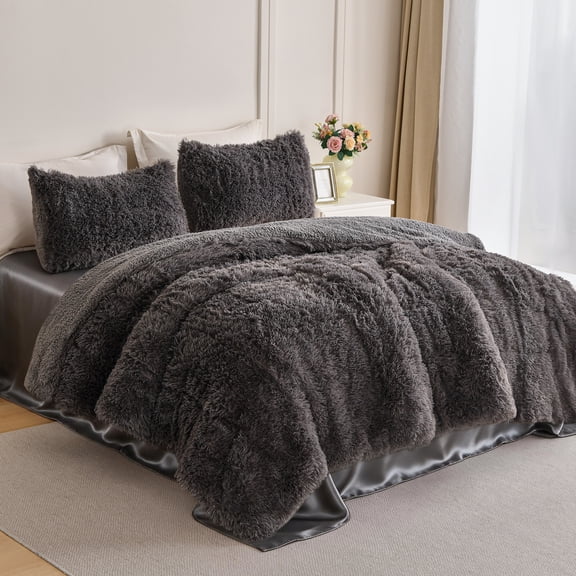 Smuge 3 Pieces Full/Queen Comforter Set, Shaggy Faux Fur & Sherpa Ultra Soft Reversible Bedding Set, Fluffy Dual Texture Warm Bed Set with 2 Pillow Shams, Dark Gray