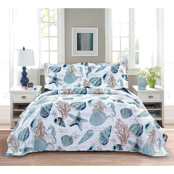 Smuge 3Pcs King Size Sea shell Quilt Sets, Soft Lightweight Microfiber Bedding Bedspreads Reversible Coverlet, 1 Quilt & 2 Pillow Shams (Blue)