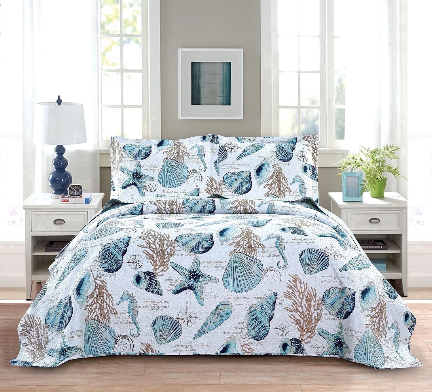 Smuge 3Pcs King Size Sea shell Quilt Sets, Soft Lightweight Microfiber Bedding Bedspreads Reversible Coverlet, 1 Quilt & 2 Pillow Shams (Blue)