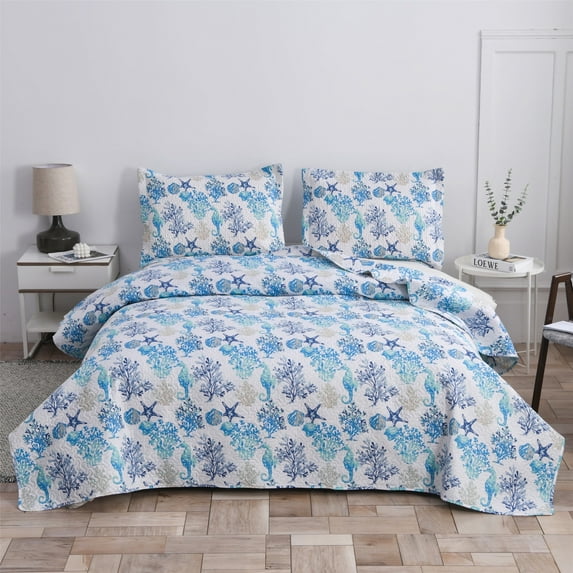 Smuge 3Pcs King Size Seashell Bedding,Coastal Beach Theme Soft Lightweight Microfiber Bedding Bedspreads Reversible Coverlet, 1 Quilt & 2 Pillow Shams (Blue)