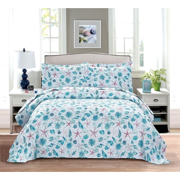 Smuge 3-Piece Full/Queen Size Ocean Quilt Set, Reversible Microfiber All Season Bedspread Coverlet with 2 Pillow Shams, Blue