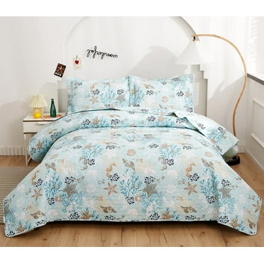 Smuge 3Pcs Queen Size Seashell Bedding,Soft Lightweight Microfiber Bedding Bedspreads Reversible Coverlet, 1 Quilt & 2 Pillow Shams (Blue)