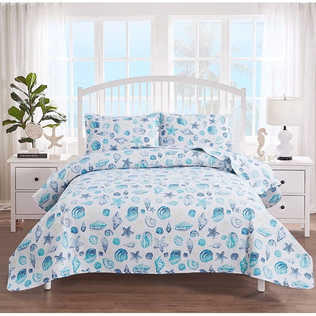 Smuge 3-Piece Full/Queen Size Ocean Quilt Set, Reversible Microfiber ...