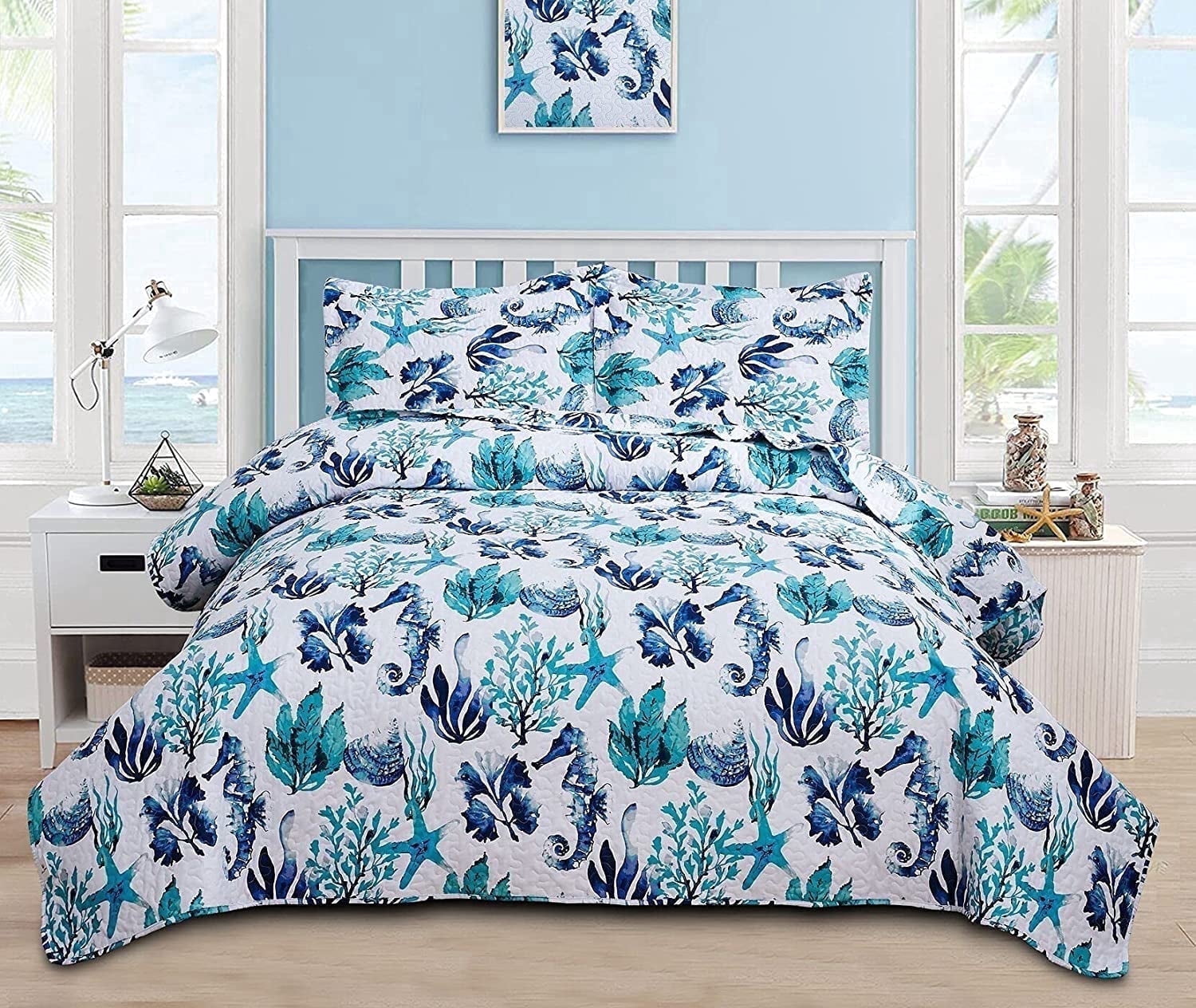 Smuge 3Pcs Twin Size Seashell Bedding,Soft Lightweight Microfiber Bedding Bedspreads Reversible Coverlet, 1 Quilt & 2 Pillow Shams (Blue)