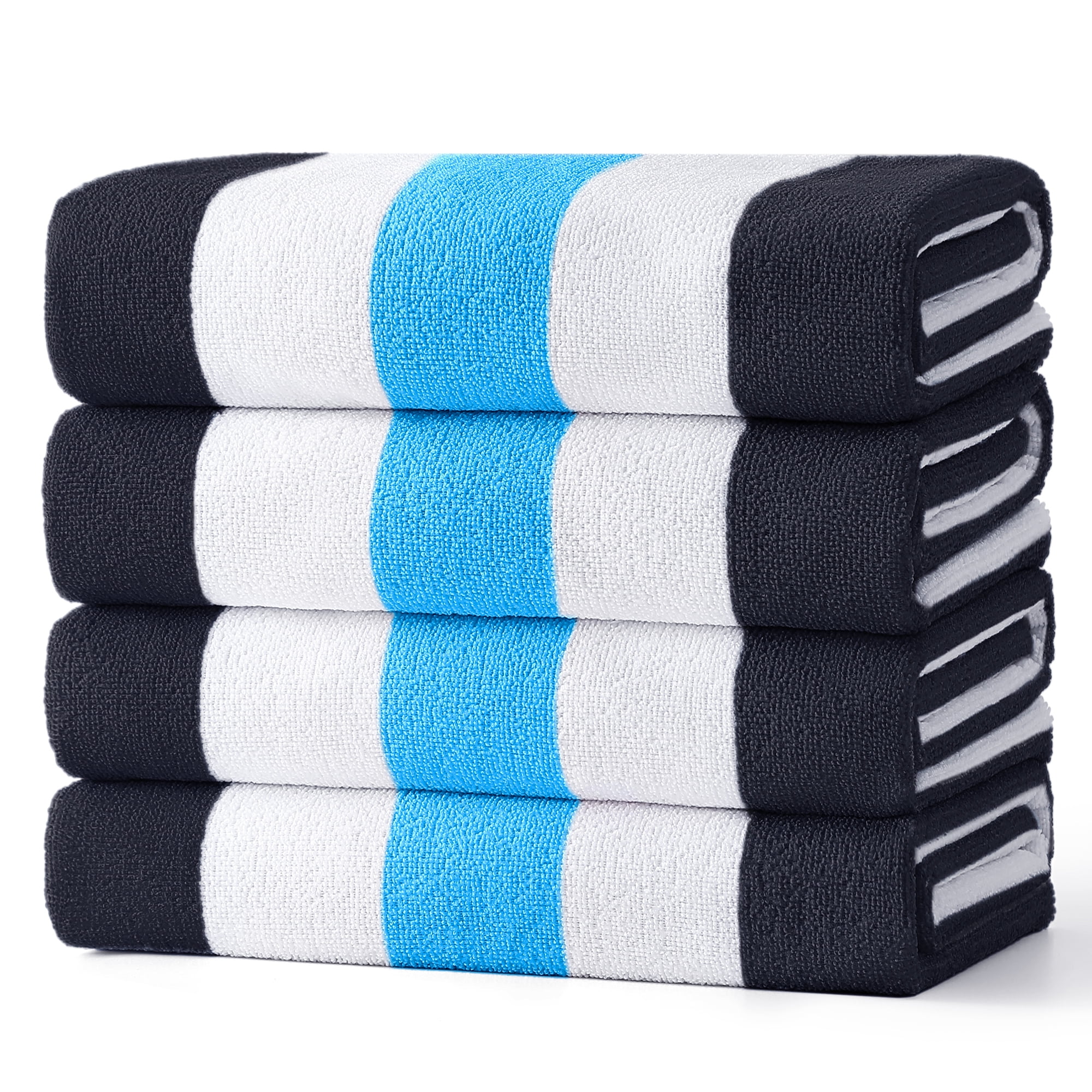Smuge 4 Pack Cabana Stripe Beach Towels, 60x30 inches Microfiber Lightweight Outdoor Large Swim Towel for Adults (Blue Black)