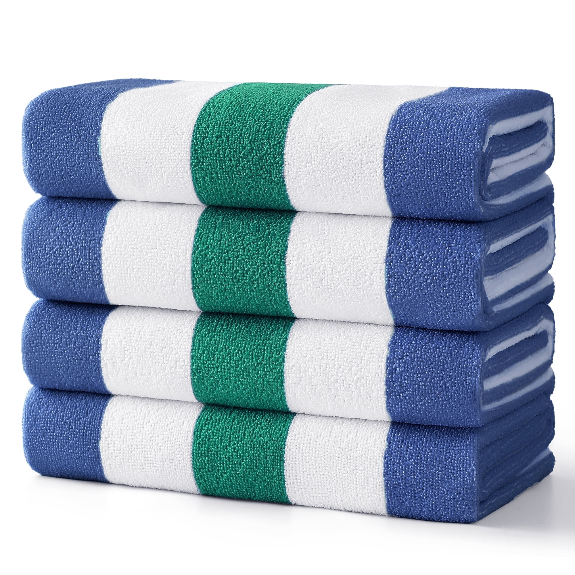 Smuge 4 Pack Cabana Stripe Beach Towels, 60x30 inches Microfiber Lightweight Outdoor Large Swim Towel for Adults (Dark Green Blue)