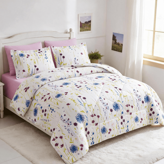 Smuge 7-Piece Full/Queen Down Alternative Floral Bed in a Bag, Reversible Box Stitched Comforter and Sheet Set, Purple Yellow Lavender Floral
