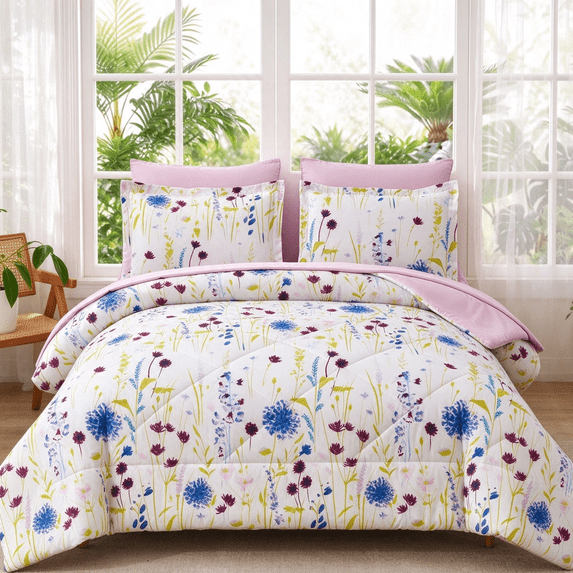 Smuge 7-Piece Full/Queen Down Alternative Floral Bed in a Bag, Reversible Box Stitched Comforter and Sheet Set, Purple Yellow Lavender Floral