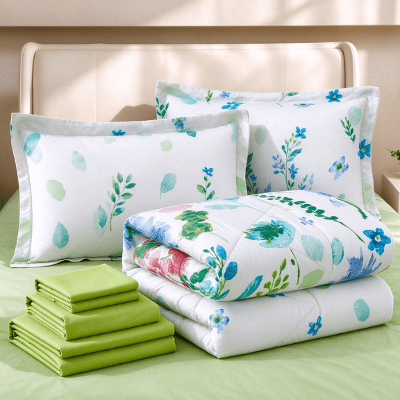 Smuge 7-Piece Full/Queen Floral Bed in a Bag, Reversible Box Stitched All Season Ultra Soft Bedding, Complete Comforter and Sheet Set, Botanical Floral Print, Green & Purple