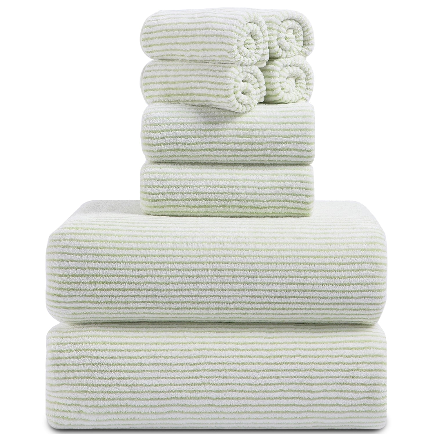 Smuge 8 Piece Extra Large Bath Towel Sets, 2 Large Bath Towels , 2 Hand Towels, 4 Washcloths, Soft Microfiber, Quick Dry, Highly Absorbent Oversized Bath Towels for Bathroom Kitchen Spa(Green White)