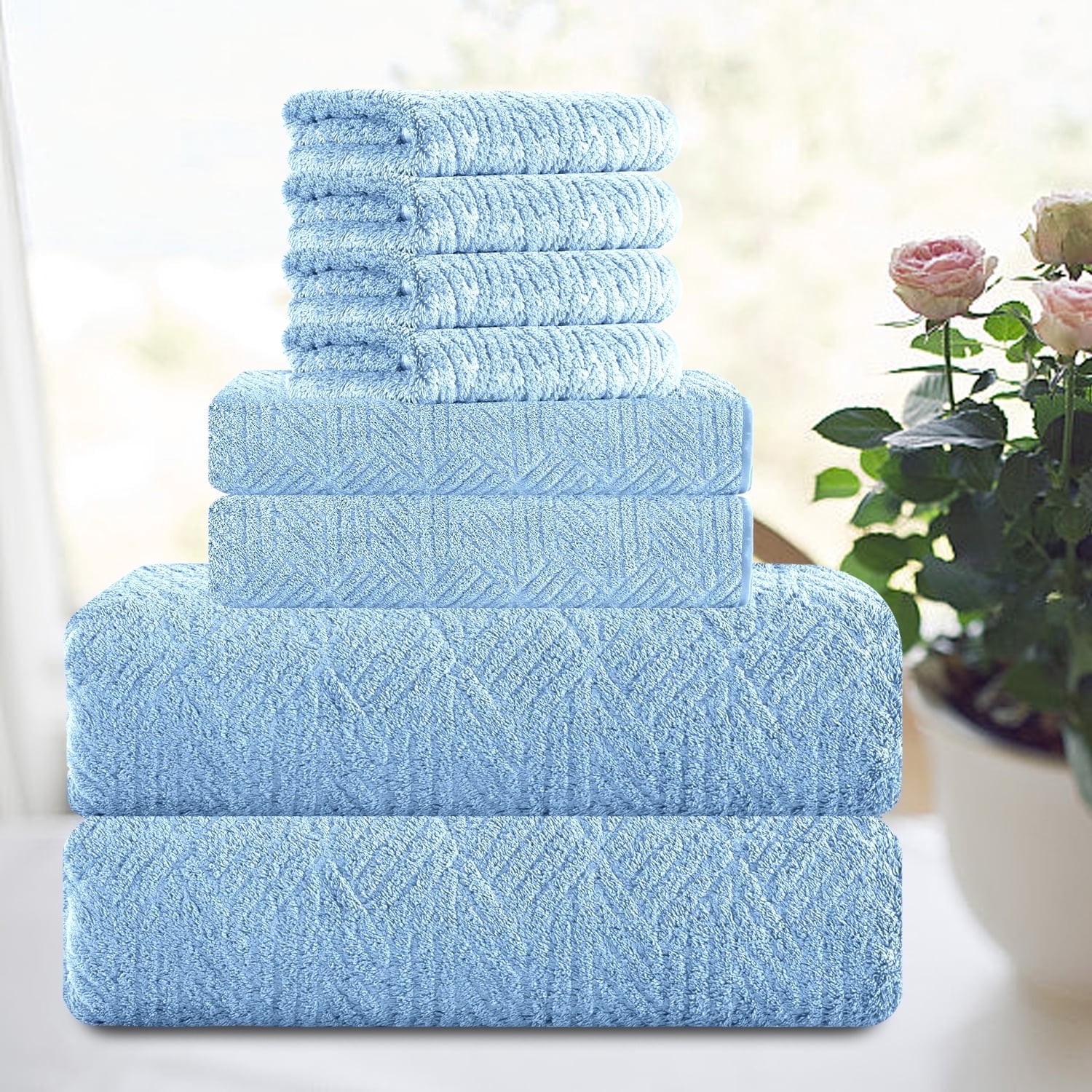Smuge 8 Piece Oversized Bath Sheet Towels, 2 Large Bath Towel, 2 Hand Towels, 4 Washcloths, 600 GSM Ultra Soft Large Bath Towel Set Cozy Quick Dry Bathroom Towels Hotel Luxurious Towels(LIGHT BLUE)