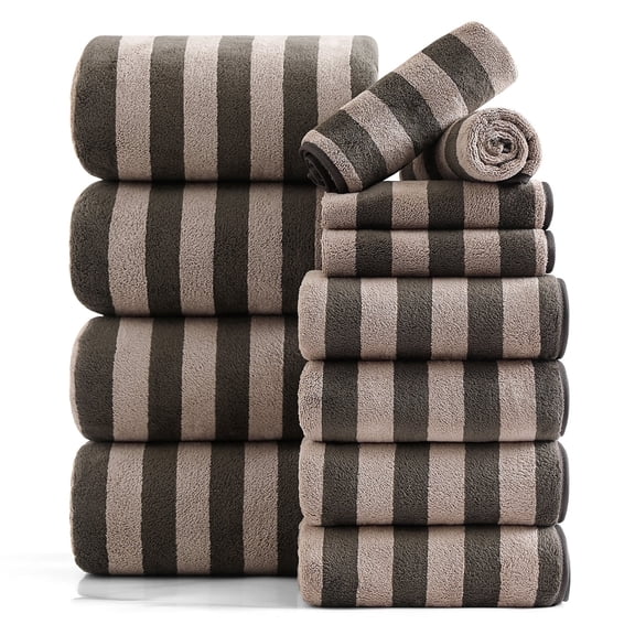 Smuge 12 Pcs Stripe Family Bath Towels Set - 4 Bath Sheet Towels, 4 Hand Towels, 4 Washcloths, Microfiber Soft Shower Towel for Bathroom Gym Spa(Dark Coffee)
