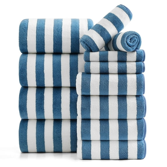 Smuge 12 Pcs Stripe Family Bath Towels Set - 4 Bath Sheet Towels, 4 Hand Towels, 4 Washcloths, Microfiber Soft Shower Towel for Bathroom Gym Spa(Blueberry)